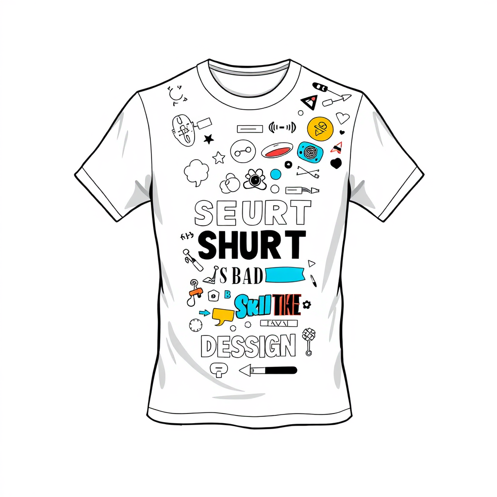 Create a digital illustration of a blank T-shirt being transformed into a custom design with various graphic elements, colors, and text. Focus on showcasing the versatility of the design tools and the endless possibilities for personalization. The lighting should be bright and focused, highlighting the details of the design elements. The background should be a clean and minimalist space. Aim for a high-resolution image that conveys a sense of creativity and customization.