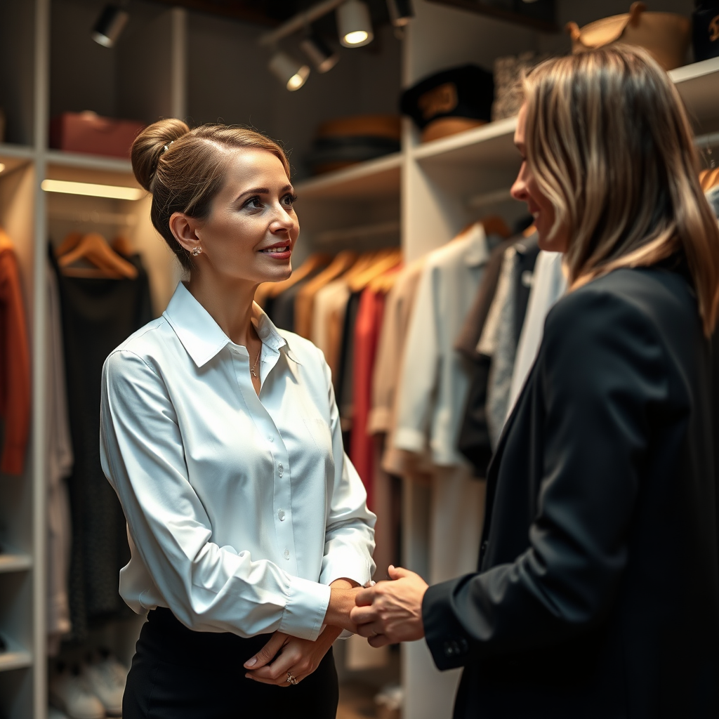 Create a photorealistic image of a stylist consulting with a client in a modern and stylish setting. Focus on the interaction between the stylist and the client, showcasing the personalized attention and expert advice being provided. The lighting should be soft and flattering, highlighting the professionalism and expertise of the stylist. The background should be a well-organized and visually appealing closet or boutique space. Aim for a 4k resolution image.