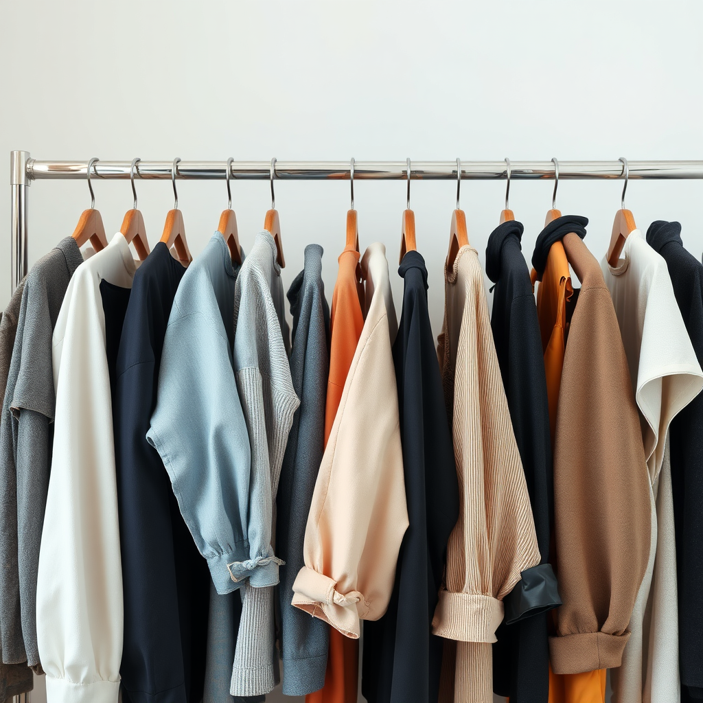 Create a photorealistic image of a stylishly arranged clothing rack featuring a curated selection of apparel. The clothing should represent a variety of styles and colors, appealing to a broad audience. Pay attention to the details of the fabrics and textures, ensuring they look high-quality and inviting. Soft, diffused lighting should enhance the visual appeal and create a sense of sophistication. The background should be clean and uncluttered, allowing the clothing to be the main focus. The setting could be a modern, minimalist closet or boutique space. Aim for a 4k resolution image.
