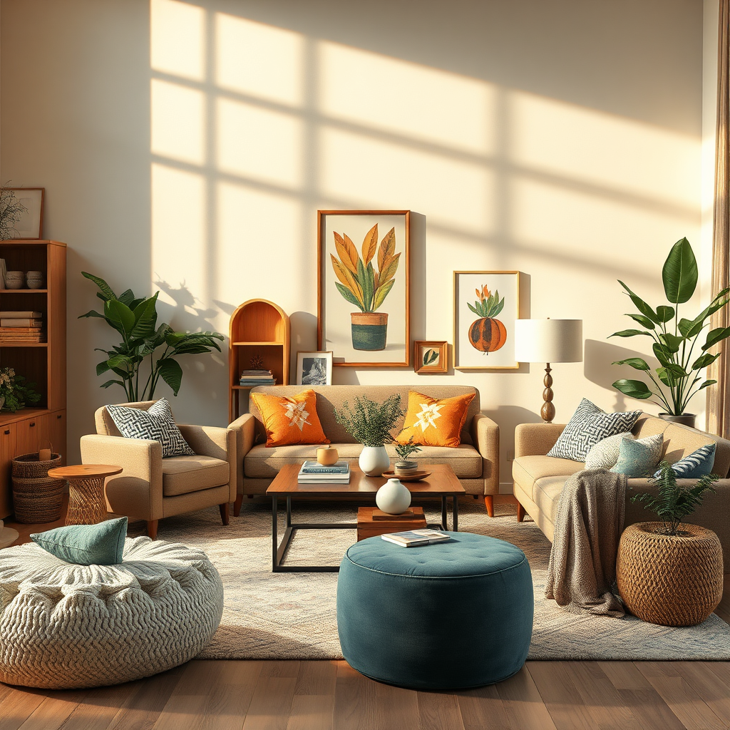 Create a photorealistic image of a beautifully decorated living room featuring a curated selection of home goods. Focus on the arrangement of furniture, textiles, and decor items, creating a harmonious and inviting atmosphere. The lighting should be warm and inviting, highlighting the textures and details of the various items. Consider including plants and artwork to add visual interest. Aim for a high-resolution image that conveys a sense of comfort and style.
