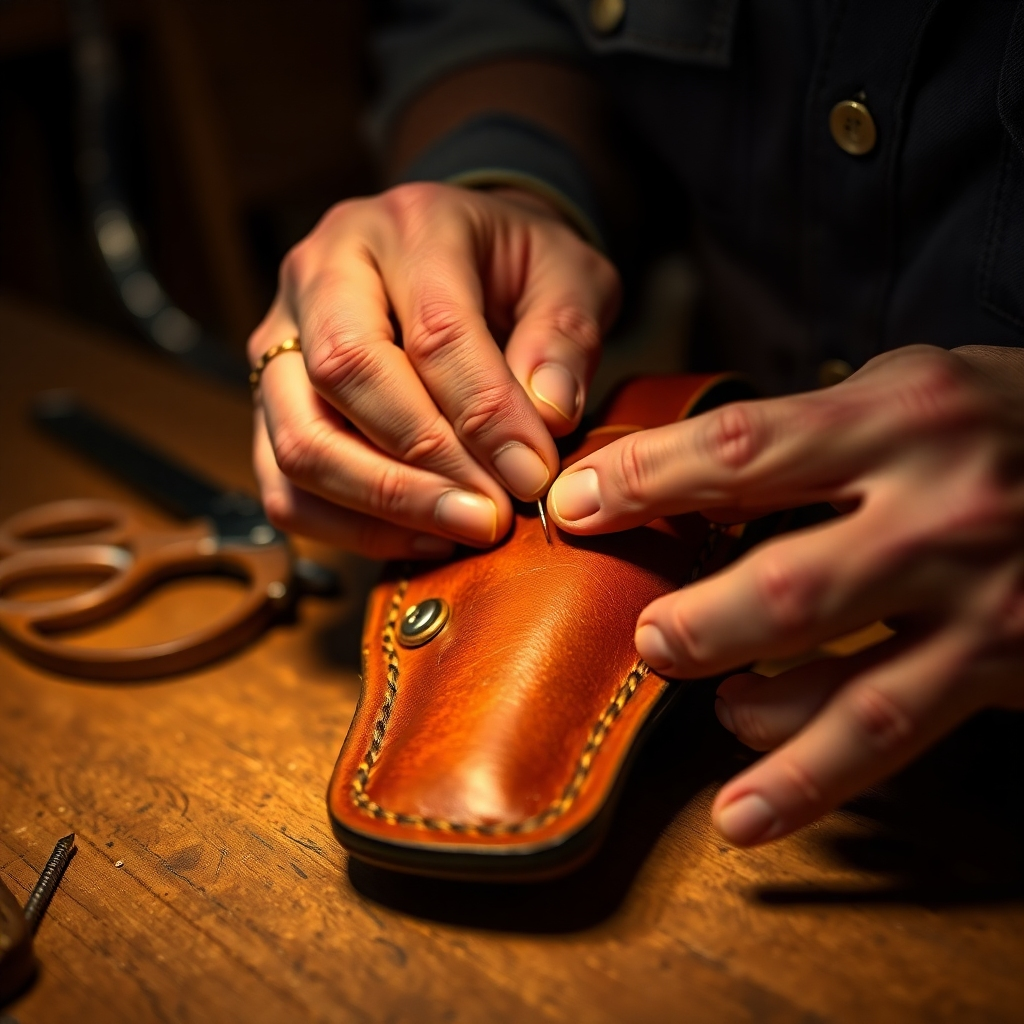 Create a photorealistic image of a craftsman hand-stitching a leather holster. Focus on the hands, the needle, and the thread, capturing the precision and skill involved in the process. Warm, focused lighting emphasizing the intricate details. Style: Artisan photography, highlighting the hand-crafted aspect.
