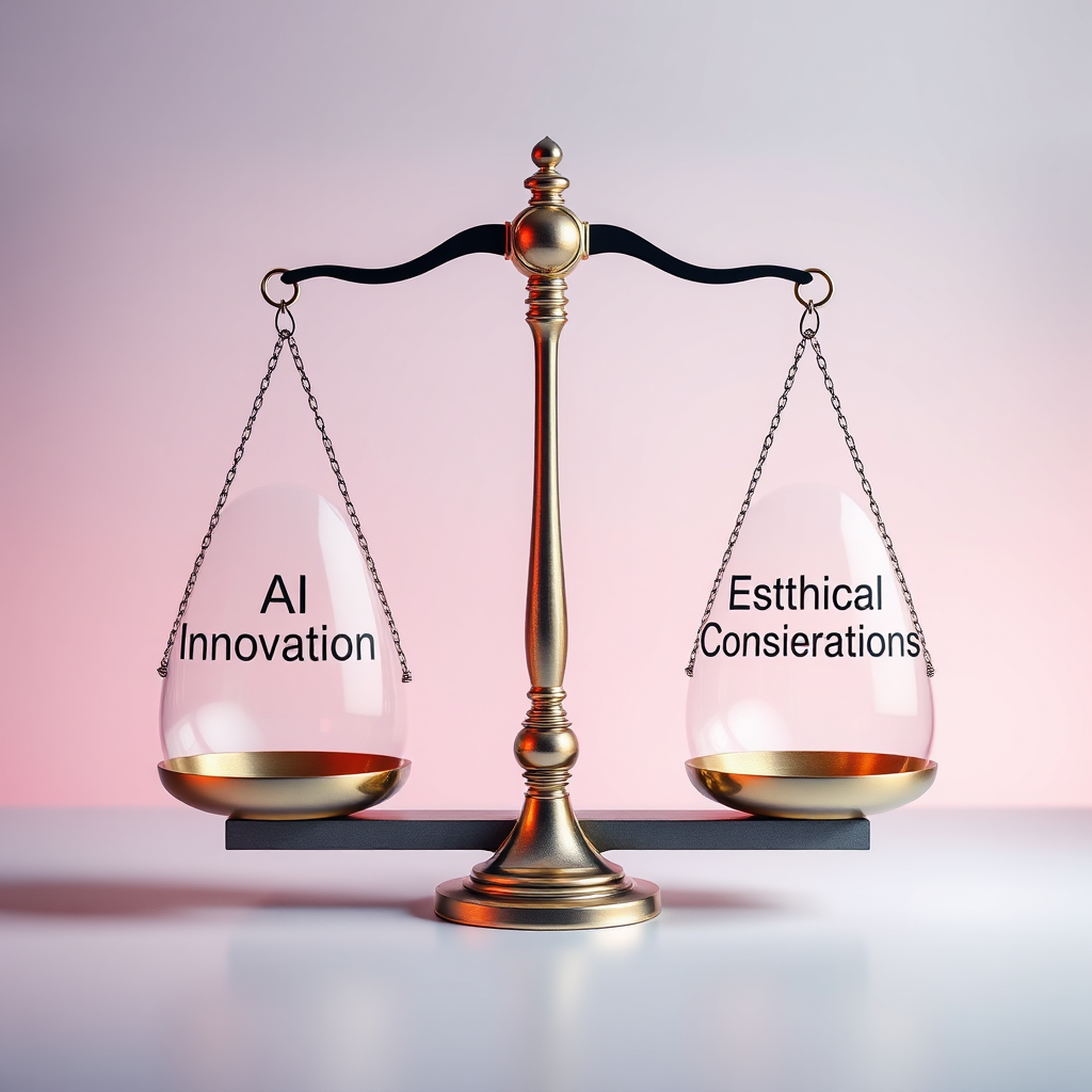 Create a visual representation of ethical AI marketing. Show a balanced scale with 'AI Innovation' on one side and 'Ethical Considerations' on the other, symbolizing the need for responsible AI implementation. The scales should be visually appealing and balanced. The composition should be symmetrical. Lighting should be soft and diffused, creating a sense of trust and transparency. The color palette should be calming and reassuring. Camera angle: medium shot, showcasing the balance. Style reference: legal visualizations meets tech ethics.