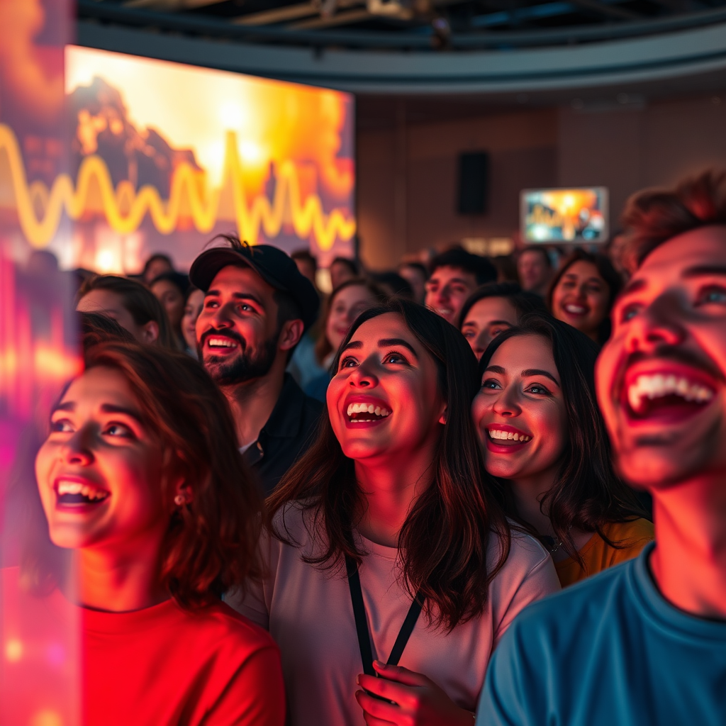 Create a visual representation of audience engagement with AI-optimized content. Visualize a diverse group of people interacting with holographic projections of audio waveforms and video scenes. Their faces should express excitement and engagement. The composition should be dynamic and energetic, emphasizing the interactive nature of the experience. Lighting should be vibrant and colorful, reflecting the energy of the audience. The color palette should be warm and inviting. Camera angle: wide angle, capturing the entire scene. Style reference: modern art installation meets futuristic user interface.
