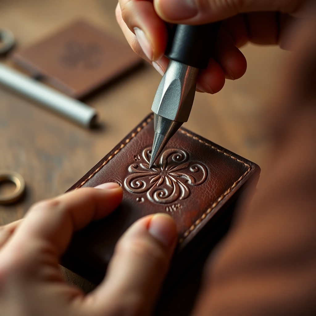 Create an image of a craftsman applying a custom embossed design to a leather wallet. The focus should be on the embossing tool and the intricate detail of the design. Soft, focused lighting on the point of contact. Style: Artisan photography, emphasizing the personalized touch.