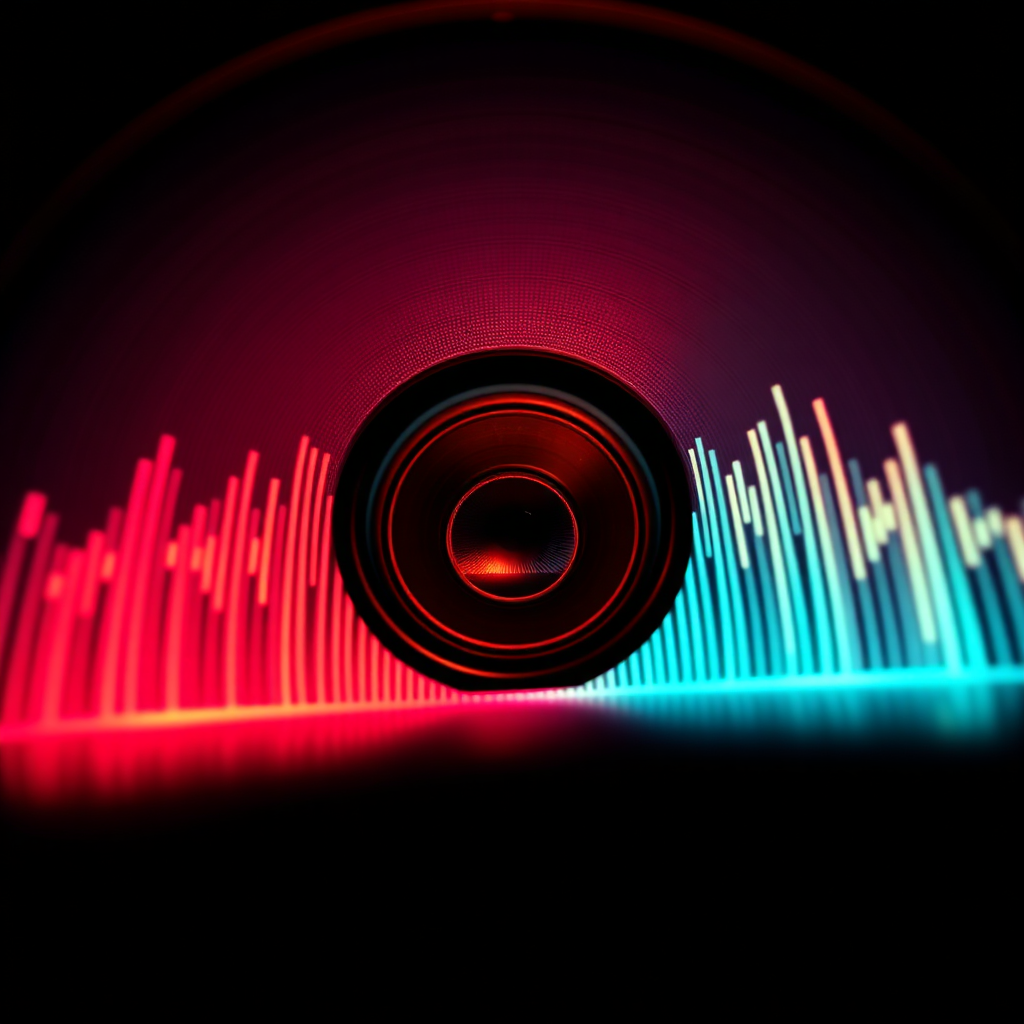 Create an image of soundwaves forming a recognizable brand logo. The soundwaves should emanate from an AI-powered speaker, vibrant and full of energy. The lighting should be soft and warm, showcasing the elegance of the sound. The color palette should reflect the brand's colors, creating a harmonious visual and auditory experience. The perspective should be from a slightly low angle, emphasizing the power of the sound.