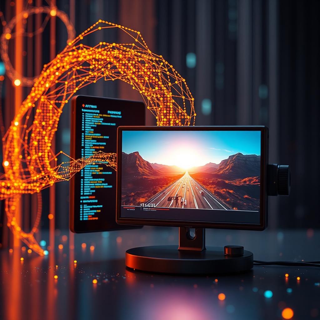 Create an image representing AI-powered video storytelling. Visualize a complex dataset being transformed into a compelling video narrative through AI algorithms. The image should feature a stylized representation of data flowing into an AI unit, which then outputs a visually engaging video scene. The composition should emphasize the transformation process. Lighting should be dynamic and vibrant, highlighting the key elements of the video scene. The color palette should be diverse and engaging. Camera angle: medium shot, showcasing the flow of data and the video output. Style reference: data visualization meets cinematic storytelling.