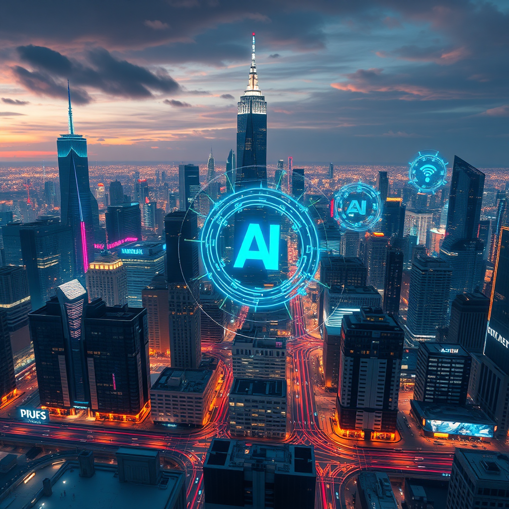 Create an image representing future trends in AI marketing. Visualize a futuristic cityscape with holographic projections of emerging AI technologies, such as augmented reality and virtual assistants. The cityscape should be dynamic and forward-looking. The composition should be expansive and awe-inspiring. Lighting should be vibrant and futuristic, highlighting the holographic projections. The color palette should be bold and innovative. Camera angle: wide angle, capturing the entire cityscape. Style reference: science fiction concept art meets urban planning.