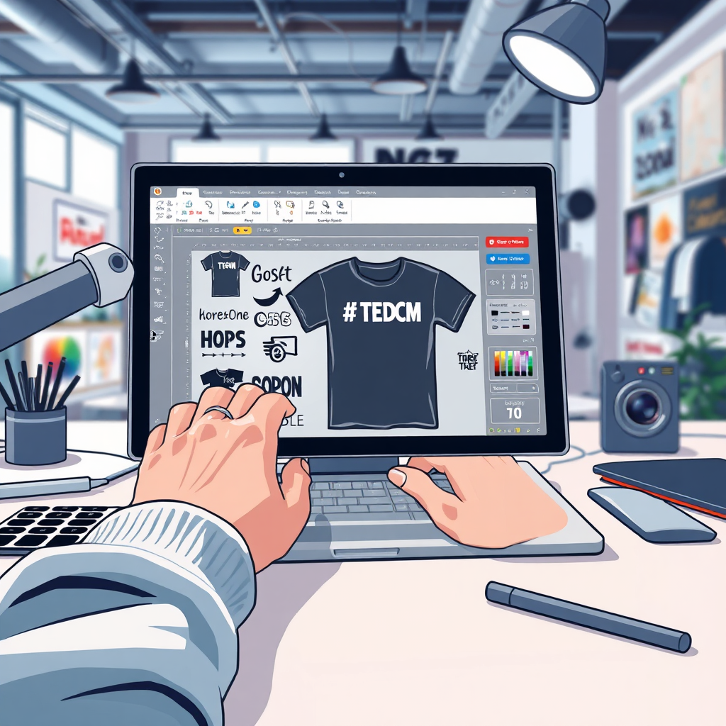 Illustrate a creative workspace where a designer is working on a custom T-shirt design using digital tools. Focus on the designer's hands and the digital interface, showcasing the process of creating personalized designs. Include various design elements, such as fonts, graphics, and color palettes. The lighting should be bright and focused, highlighting the details of the digital design. The background should be a modern and inspiring studio environment. Aim for a high-resolution image that conveys a sense of creativity and innovation.