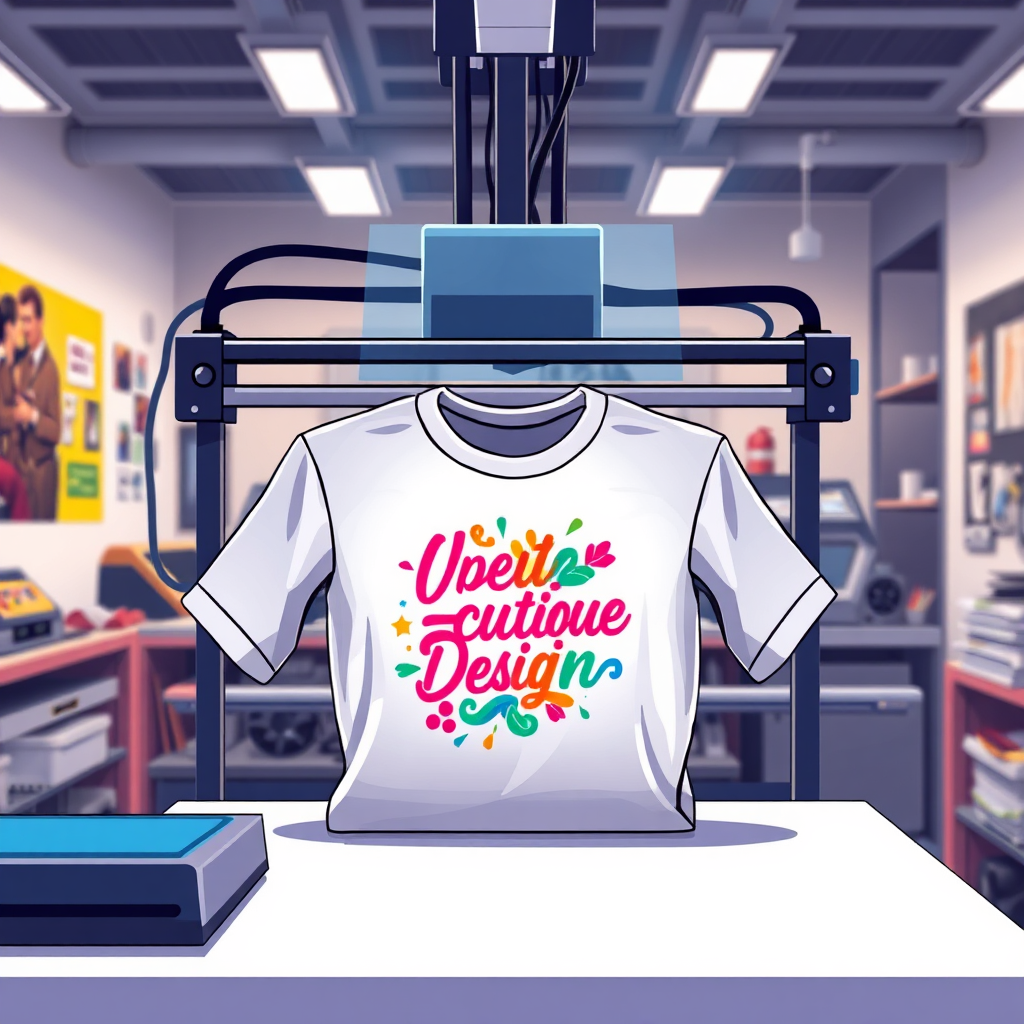 Illustrate a vibrant and colorful scene of a custom design being printed onto a T-shirt. Focus on the printing process and the transformation of the blank garment into a personalized masterpiece. Include various design elements, such as graphics, text, and colors. The lighting should be bright and focused, highlighting the details of the design. The background should be a modern and well-equipped printing studio. Aim for a 4k resolution image.