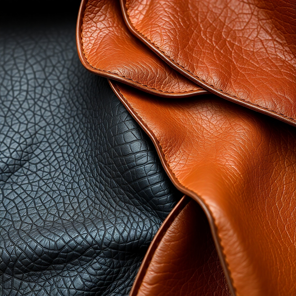 Showcase a close-up, photorealistic image of various high-quality leather hides with different textures and colors. Natural light highlighting the grain and richness of the leather. Style: Material study, emphasizing the beauty and quality of the raw materials.
