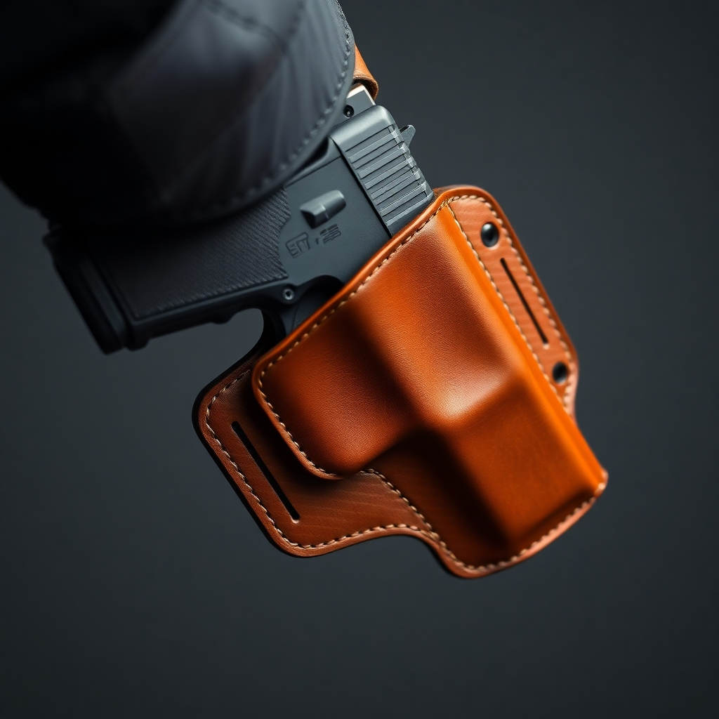 Showcase a photorealistic, close-up image of a custom-fitted leather gun holster being drawn smoothly, focusing on the seamless interaction between the firearm and the leather. Emphasize the precision stitching and the secure yet accessible design. Soft, diffused lighting to highlight the texture of the leather and the movement. Style: Hyperrealistic studio product shot.