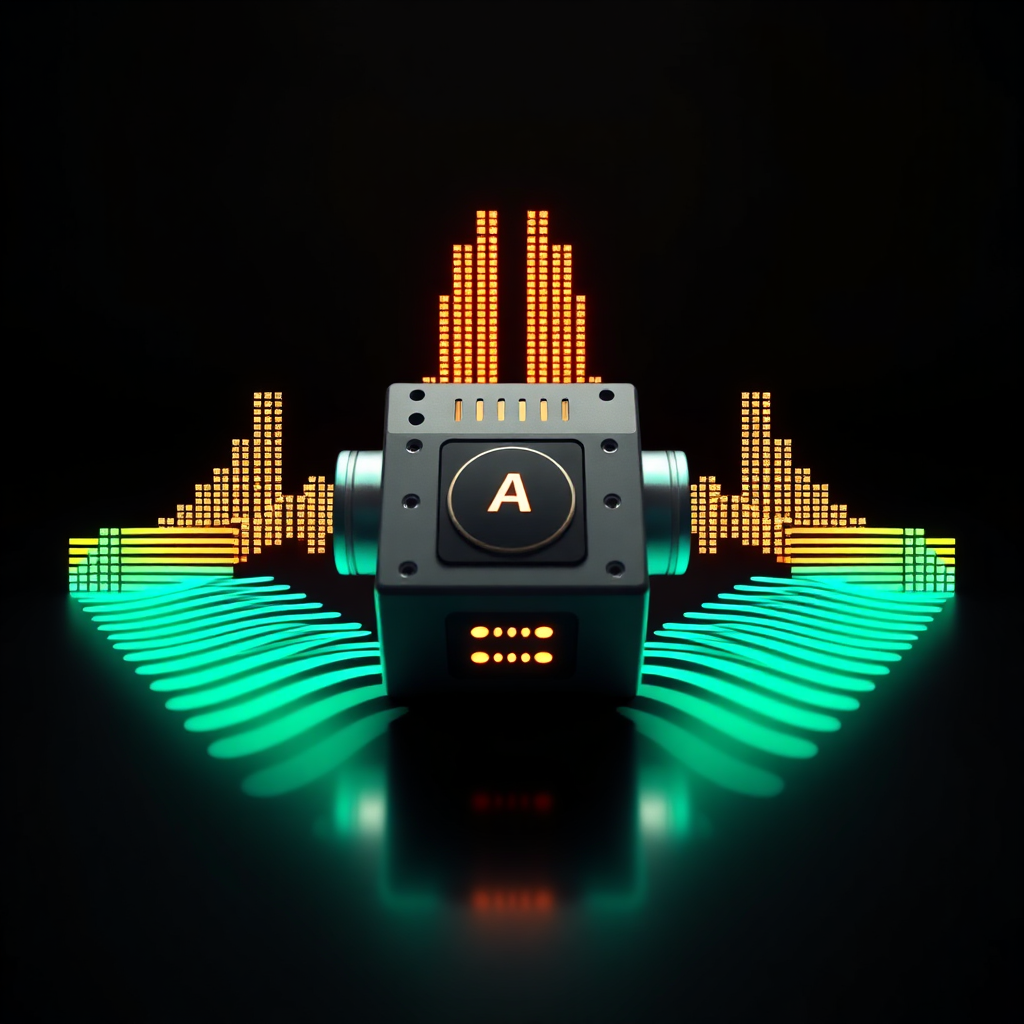 Visualize a stylized representation of audio branding with AI. The image should feature a central AI unit generating unique audio waveforms that form a company's logo or emblem. The waveforms should be visually appealing and memorable. The composition should be balanced and symmetrical. Lighting should be soft and diffused, highlighting the waveforms. The color palette should be elegant and sophisticated, reflecting the brand's identity. Camera angle: close-up, showcasing the detail of the waveforms. Style reference: abstract sound art meets corporate branding.
