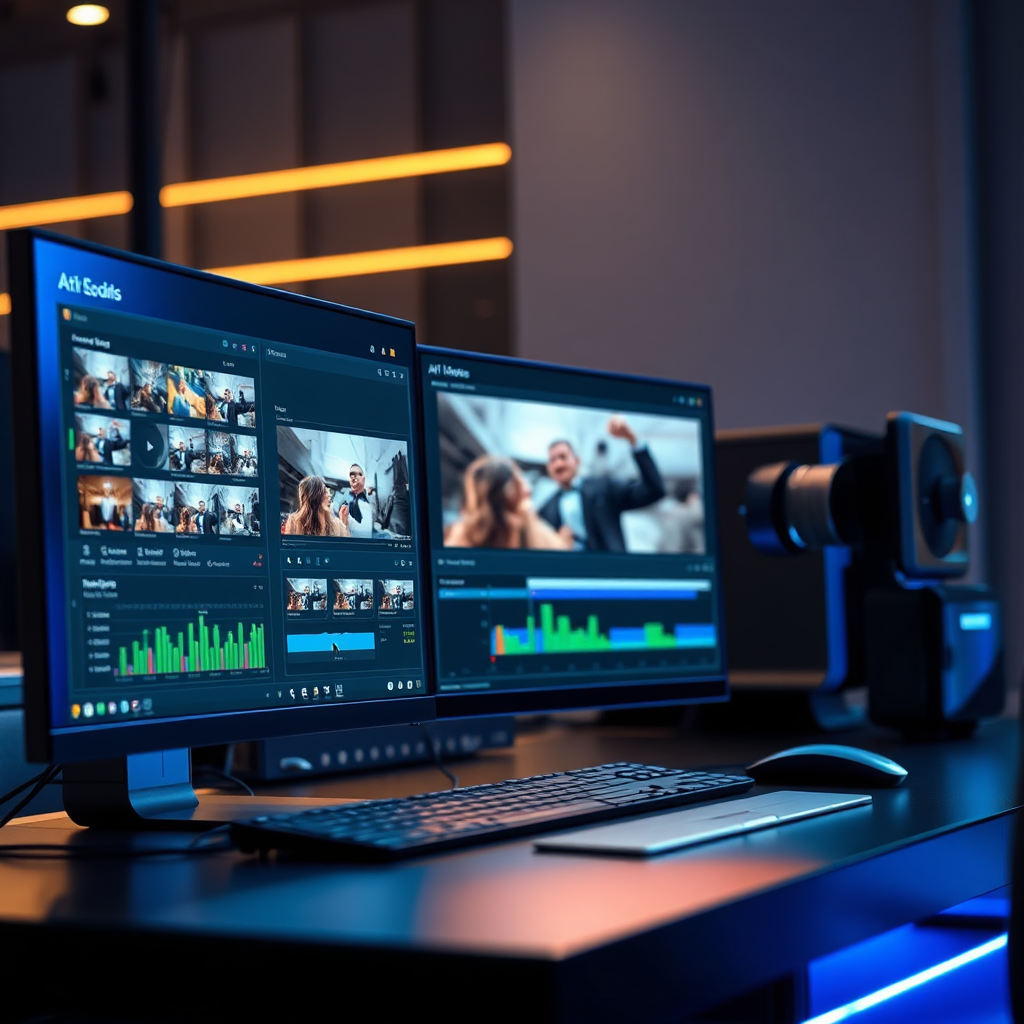 Visualize an AI seamlessly editing a video. Show a sleek, futuristic workstation. The screen should showcase the AI intelligently cutting, splicing, and enhancing footage. The lighting should be dynamic, showcasing the power and precision of the software. The color scheme should be modern and professional. The camera angle is close-up, highlighting the interface.