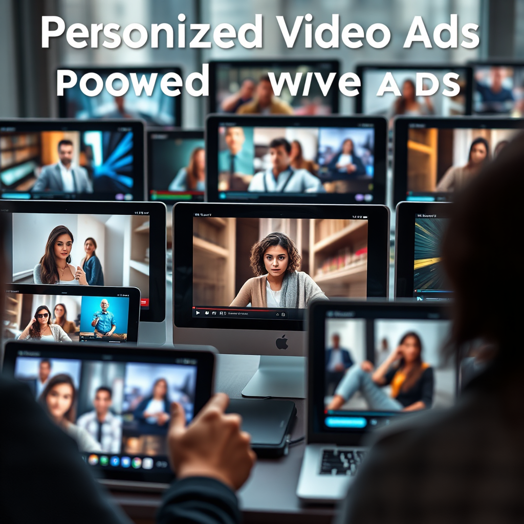 Visualize personalized video ads powered by AI. Show a variety of different video ads tailored to unique user profiles, displayed on multiple devices. The devices should reflect diverse demographics and interests. The composition should emphasize the personalization aspect. Lighting should be bright and focused, highlighting the screens of the devices. The color palette should be diverse and engaging, reflecting the variety of ads. Camera angle: wide angle, capturing the entire scene. Style reference: modern advertising meets user interface design.