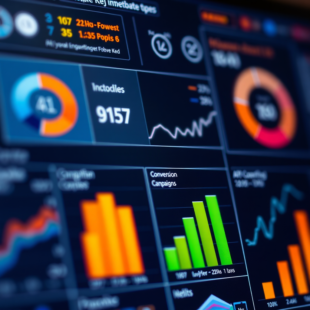 Visualize the process of measuring AI marketing success. Show a dashboard displaying key performance indicators (KPIs) for AI marketing campaigns, such as engagement rate, conversion rate, and ROI. The dashboard should be visually appealing and easy to understand. The composition should be organized and informative. Lighting should be bright and focused, highlighting the key metrics. The color palette should be professional and data-driven. Camera angle: close-up, showcasing the dashboard metrics. Style reference: data visualization meets business analytics.