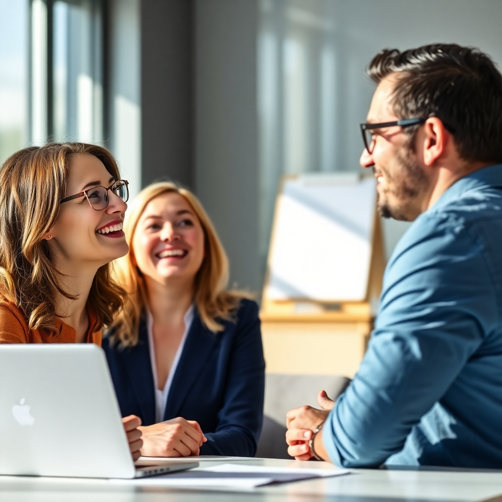 A career coach having a positive discussion with a client, brainstorming career paths. Bright, encouraging atmosphere, 4K resolution.