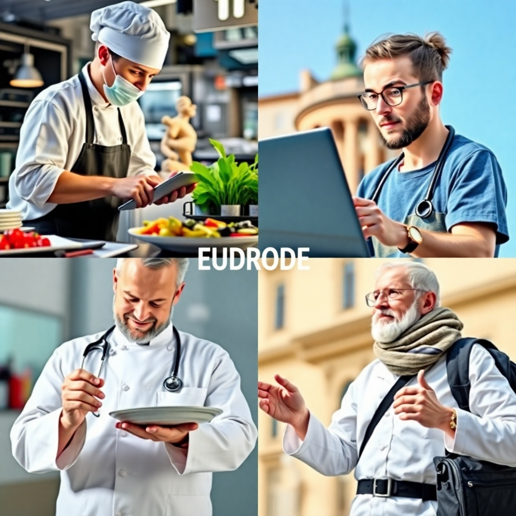 A collage showcasing various industries in Europe: a chef preparing food, a software developer coding, a doctor examining a patient, and a tourist guide leading a tour. Bright and diverse colors, 4K resolution.