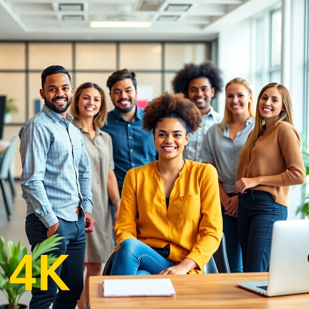 A diverse group of people working in a modern office environment, representing successful job placements. Upbeat and professional setting, 4K resolution.
