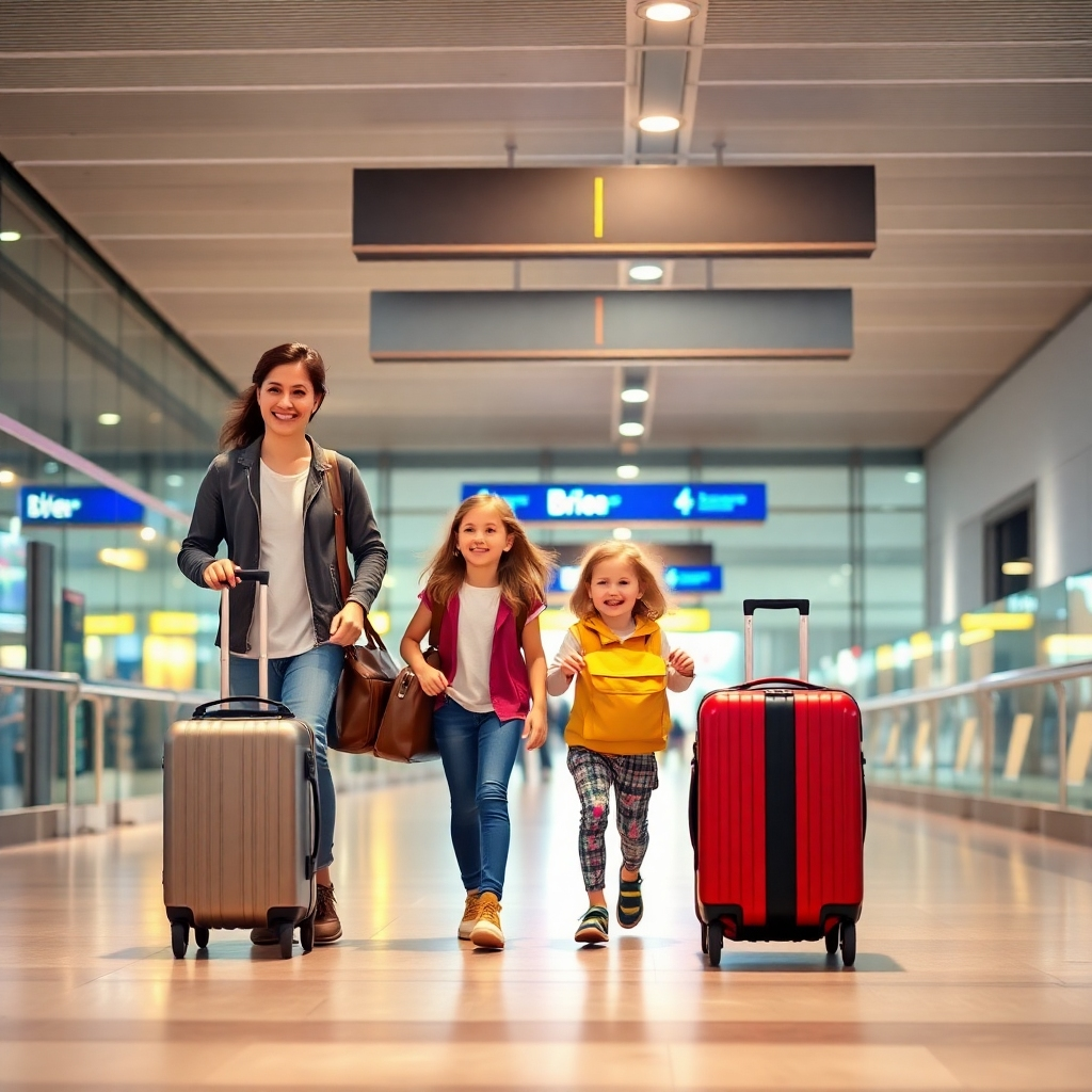 A family happily arriving at a modern European airport, suitcases in tow, with a sense of excitement and anticipation. Warm lighting, 4K resolution, focus on the welcoming atmosphere.