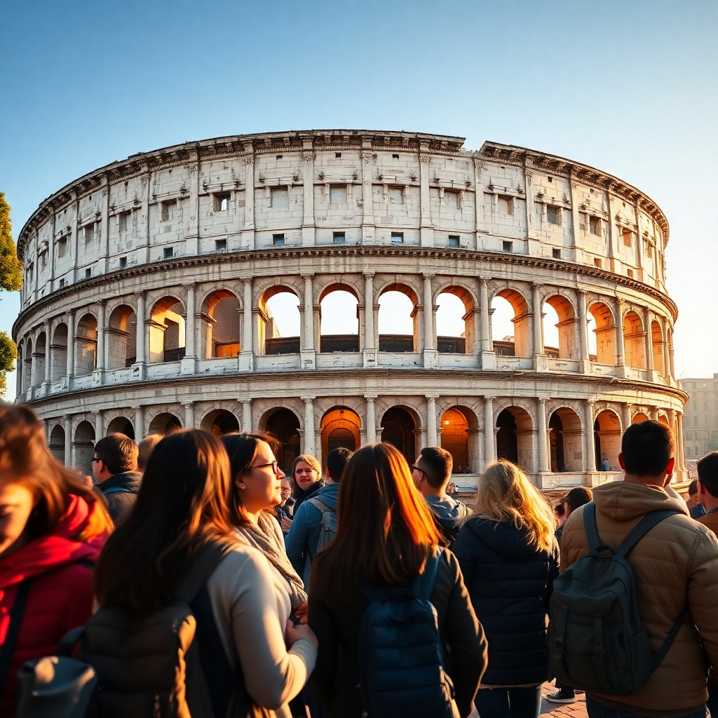 A group of people from diverse backgrounds exploring a historical landmark in Europe, such as the Colosseum or the Acropolis. Warm, inviting lighting, 4K resolution.