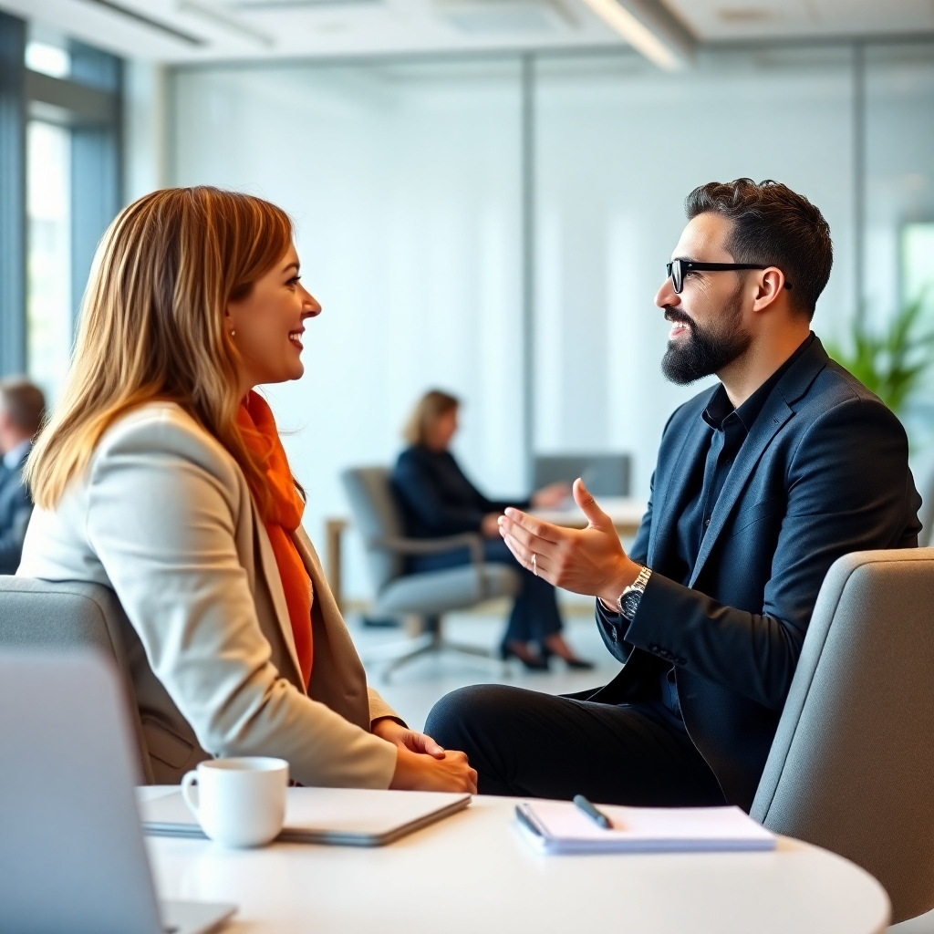 A one-on-one career coaching session taking place in a modern office. Focus on the coach and client's body language indicating positive engagement. Natural light. 4K resolution.