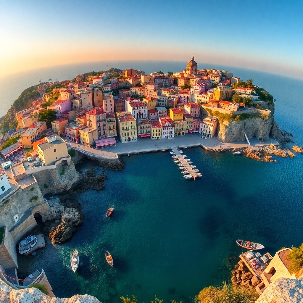 A panoramic view of a coastal town in the Mediterranean, with colorful buildings, clear blue waters, and a vibrant atmosphere. Golden hour lighting, 4K resolution, emphasis on the beauty of the location.