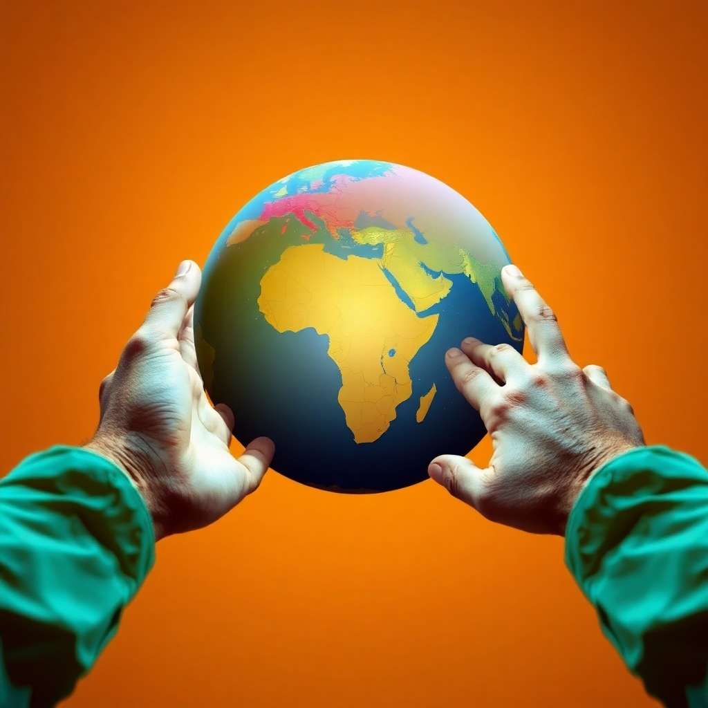 A stylized image of two hands reaching across a globe, connecting Africa/Asia with Europe. Warm color palette, 4K resolution, emphasis on the concept of connection.