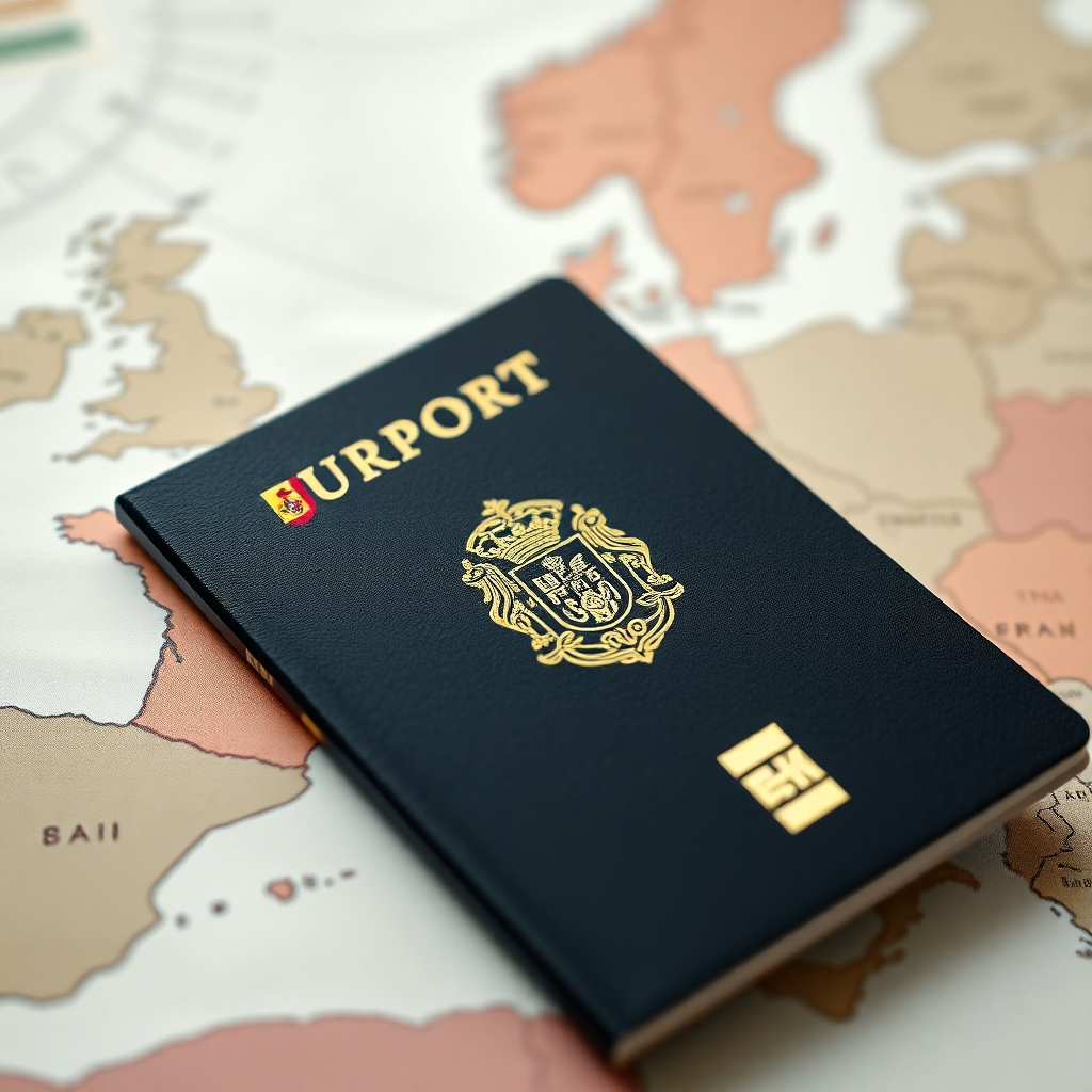 Photorealistic image of a passport stamped with various European countries, lying on a map of Europe highlighting Spain, Portugal, Italy, Malta, and Greece. Soft, natural lighting. 4K resolution. Focus on detail.