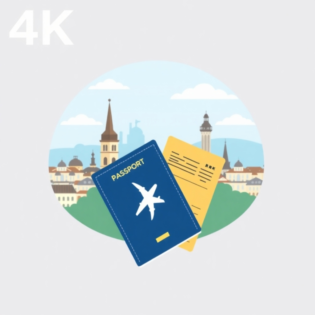 Stylized image of a passport and airplane ticket with a European cityscape in the background. Clean, modern design, 4K resolution.