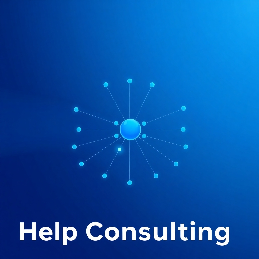 A 4K, high-quality stylized image representing the 'Help Consulting' mission. The central element is a stylized network node radiating connections outwards, symbolizing the company's network service. The node is set against a clean, abstract background gradient from dark blue to light blue, creating a professional and trustworthy atmosphere. A subtle, glowing effect emanates from the connections, suggesting innovation and connectivity. The composition is clean and modern, with a focus on conveying stability and growth. Consider a visual style similar to modern tech company logos, emphasizing simplicity and forward-thinking design. The texture should be smooth and polished, reinforcing a sense of professionalism. Relevant props might include subtle representations of data streams or digital information, adding to the image's depth and meaning.