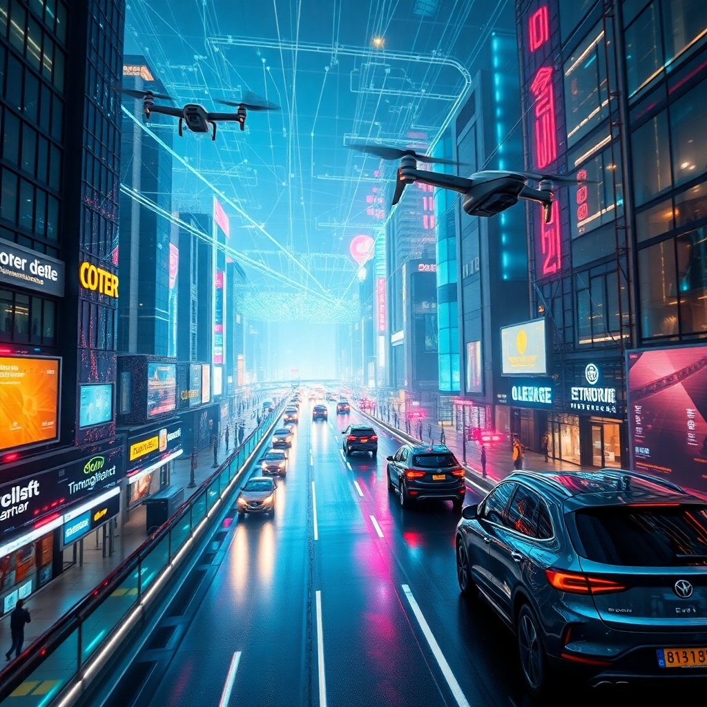 A photorealistic depiction of a futuristic cityscape with holographic displays and advanced network infrastructure. The scene is filled with vibrant colors and glowing lights, representing innovation and technological advancement. Flying drones and self-driving vehicles symbolize the future of technology. The camera angle is a panoramic view, capturing the vastness and dynamism of the futuristic city. Texture details should be sharp and detailed, showcasing the complexity of the technological landscape.