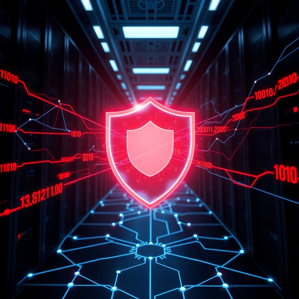 A photorealistic image depicting a network diagram overlaid with a protective shield. The shield is glowing and deflecting incoming cyber attacks, represented by red data streams. The background features a dark, futuristic server room. Lighting is dramatic and intense, emphasizing the security barrier. The camera angle is a low-angle shot, showcasing the power and scale of the network security system. Consider references to the visual style of modern cybersecurity companies.