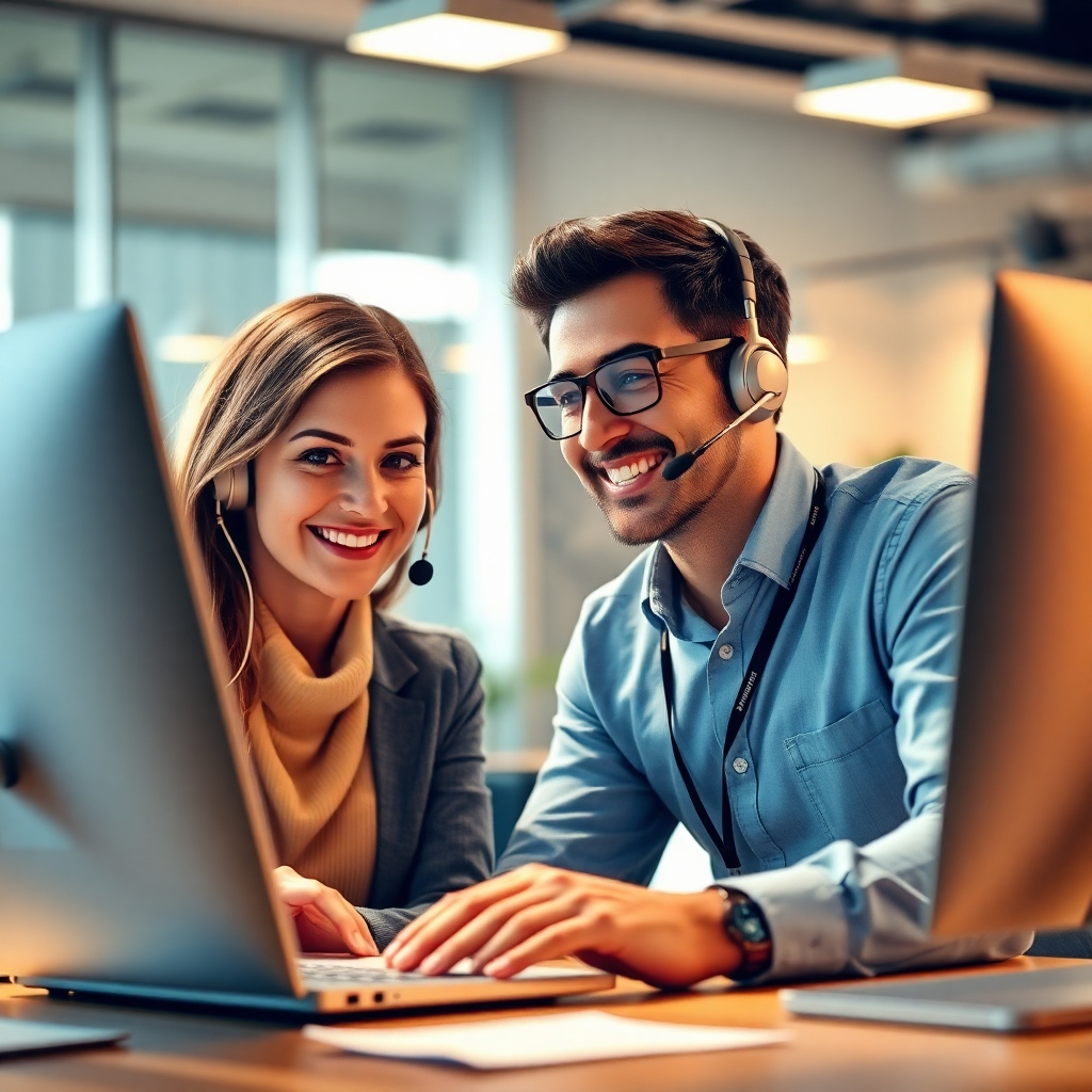 A photorealistic image of a friendly IT support technician assisting a client with a computer issue. The technician is smiling and providing helpful guidance. The background features a modern office environment. Lighting is warm and inviting, creating a sense of trust and collaboration. The camera angle is a close-up shot, focusing on the interaction between the technician and the client. Consider visual references to customer-centric service providers.
