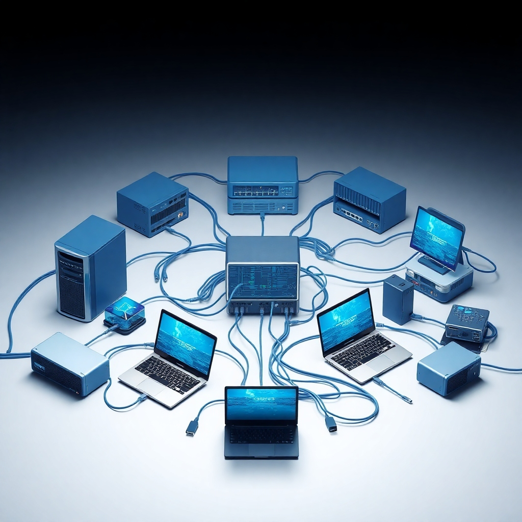 A photorealistic image showcasing various computer and network components arranged in a circular composition. Represent routers, servers, laptops, and network cables all seamlessly connected. Lighting emphasizes interconnectivity and a unified system. The color palette combines professional blues and greys. Focus on detail and precision, with high resolution to showcase the complexity of a modern IT infrastructure. Camera angle should be slightly elevated to provide a clear overview of the entire system.