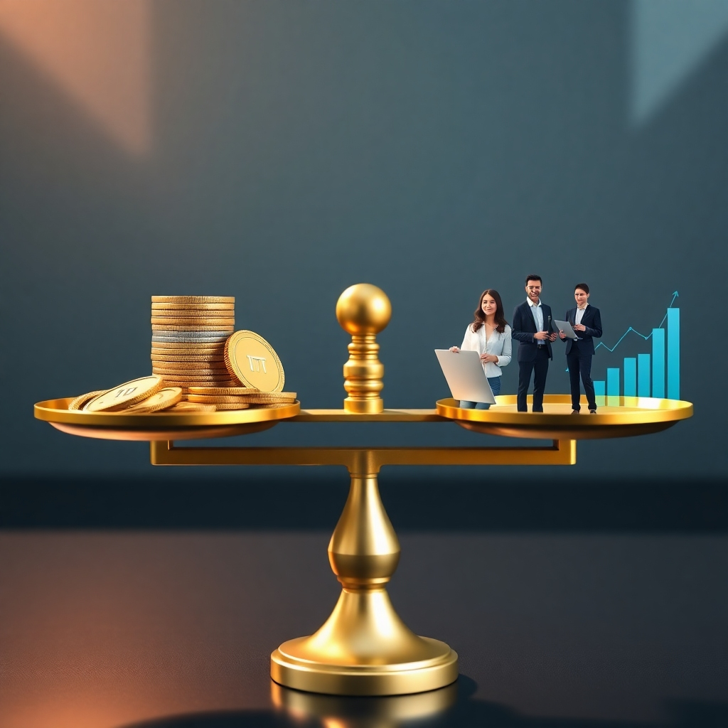 A photorealistic scene depicting a balanced scale. On one side, digital coins and data streams symbolize IT investments. On the other side, a thriving business environment with happy employees and growing sales charts. The lighting is bright and optimistic, emphasizing the positive outcome of effective IT management. The color palette consists of gold, green, and blue tones, representing wealth, growth, and trustworthiness. The camera angle is a medium shot, clearly showcasing the balanced scale and its symbolic elements. Texture should be sharp and detailed.