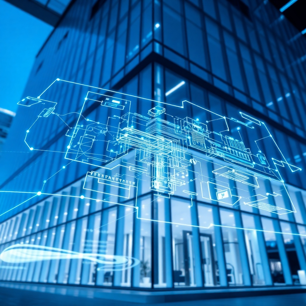 A stylized image of a digital blueprint overlaid on a modern office building. The blueprint showcases network architecture and technology integrations. The lighting is futuristic and sleek, with glowing lines and data streams. The color palette consists of blues, whites, and grays, representing innovation and planning. The camera angle is a wide shot, capturing the scale and complexity of the IT strategy. Texture should be clean and polished.