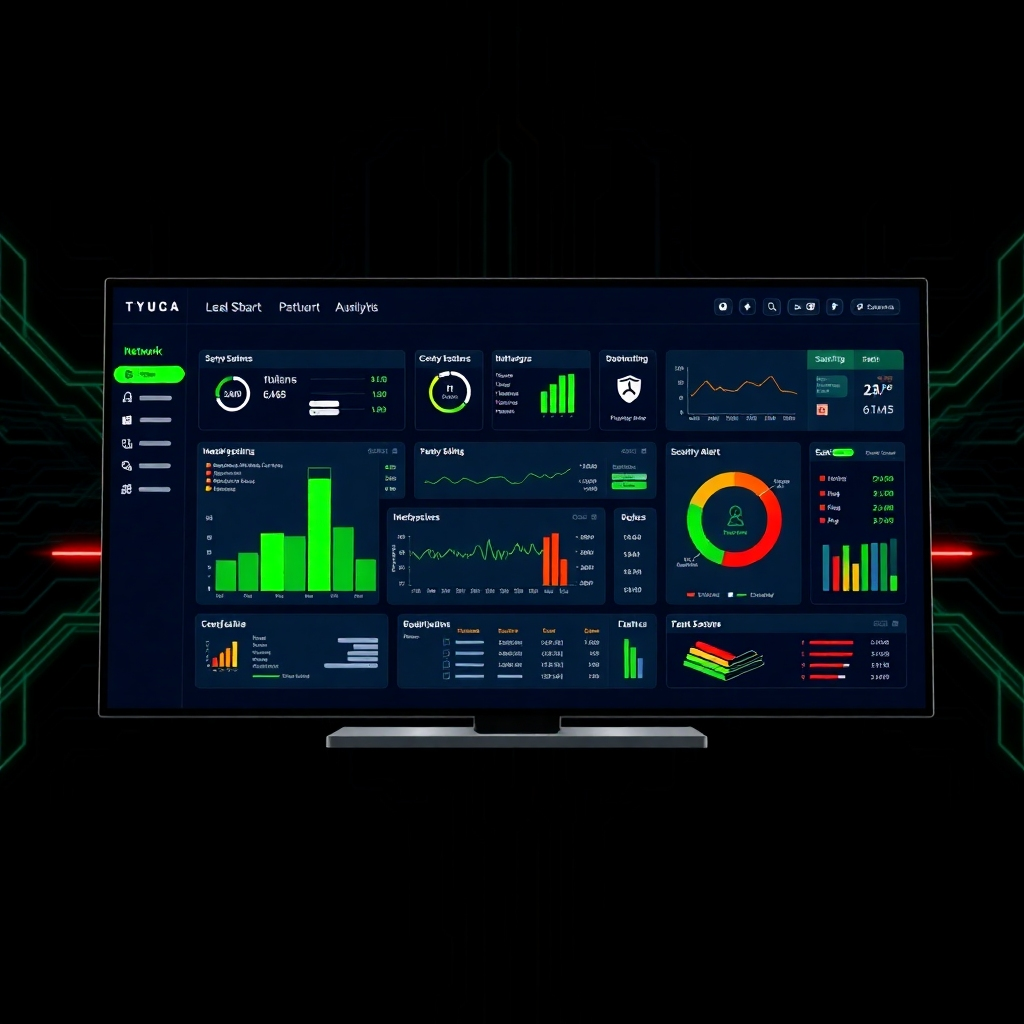 A stylized representation of a network monitoring dashboard. The display should be sleek and modern, showcasing real-time data visualizations, charts, and graphs representing network performance. Highlighted are critical metrics such as server uptime, bandwidth usage, and security alerts. Use vibrant colors like green for healthy systems and red for warnings. The background is a dark, tech-inspired texture. The style leans towards a futuristic, high-tech aesthetic with clean lines and minimal distractions. The camera angle is a direct, close-up view of the dashboard screen, emphasizing clarity and detail. Consider UI design trends found in advanced network management software.