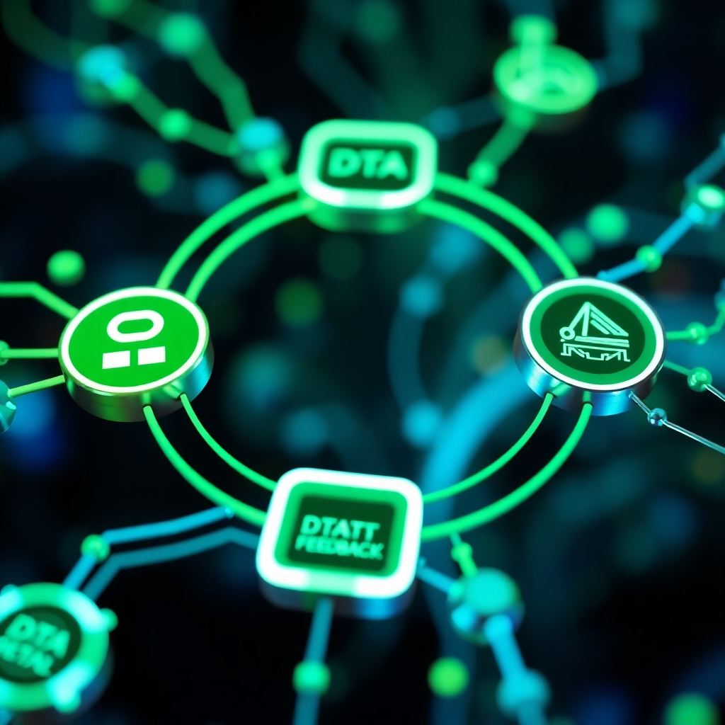 A stylized visualization of a digital feedback loop. A constant cycle of data analysis, optimization, and implementation, represented by interconnected nodes and flowing data streams. The color palette consists of greens and blues, symbolizing continuous improvement and progress. The lighting is bright and futuristic, emphasizing the dynamic nature of the process. The camera angle is a close-up shot, focusing on the intricate details of the feedback loop. Texture should be smooth and polished.