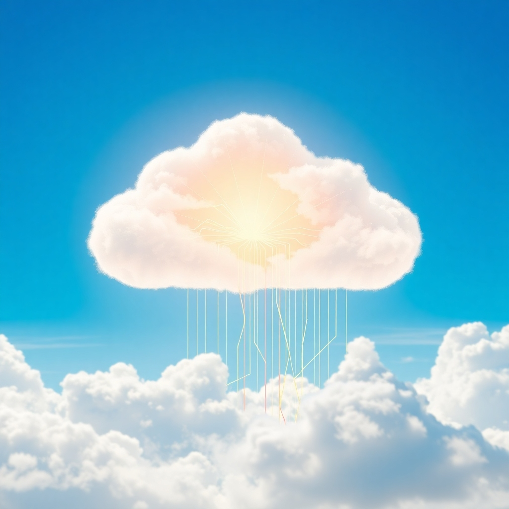 A stylized visualization of data flowing into a cloud formation. The cloud is depicted as a bright and ethereal entity, radiating light and energy. The data streams are represented as colorful, interconnected lines. The background features a clear blue sky, symbolizing freedom and scalability. Lighting is soft and inviting, creating a sense of trust and reliability. The camera angle is a wide shot, capturing the vastness and potential of the cloud. Consider using visual elements inspired by popular cloud service providers.
