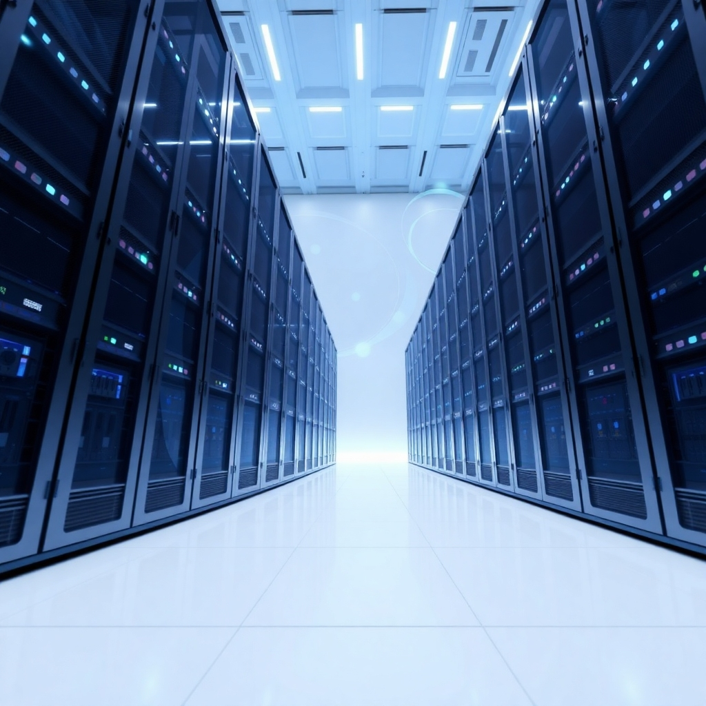 A stylized visualization of server racks scaling upwards in a logarithmic fashion. The image is brightly lit with white light and subtle blue accents, conveying growth and scalability. The server racks are depicted as futuristic and sleek, symbolizing modern IT infrastructure. The background features a clean, abstract pattern. The camera angle is a low, wide shot emphasizing the height and exponential growth of the server infrastructure. Texture is smooth and polished.