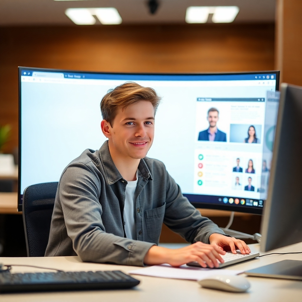 A photorealistic image of a friendly and professional IT support technician assisting a client at a modern office. The technician is smiling and pointing to a solution on the client's computer screen. The lighting is warm and inviting, creating a sense of trust and collaboration. The color palette consists of soft blues, greens, and yellows, representing support, knowledge, and optimism. The camera angle is a close-up shot focusing on the interaction between the technician and the client. Texture details should be sharp and realistic.
