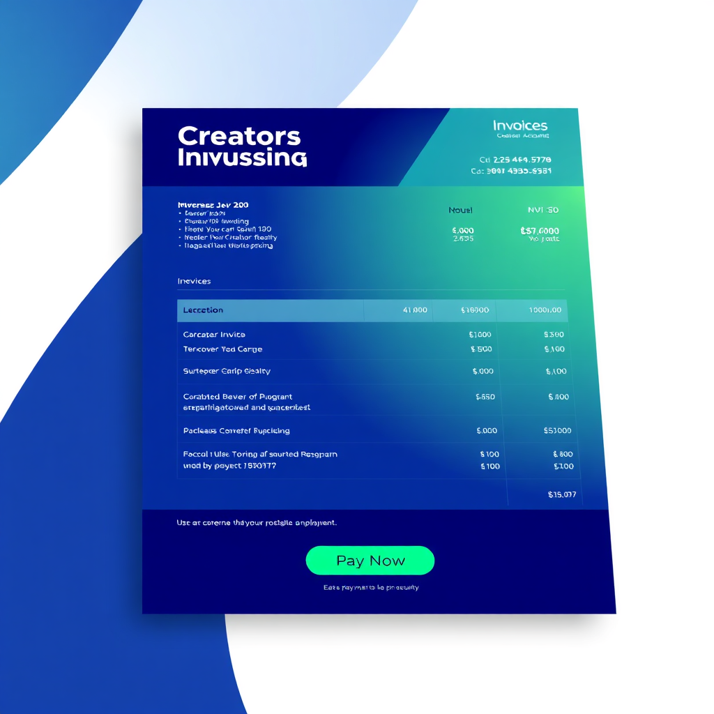 A beautifully designed invoice template with the Creators Accounting logo. The invoice includes itemized services, clear pricing, and a prominent 'Pay Now' button. A subtle animation shows a payment being successfully processed. Use a color palette of blues and greens to convey trust and security. Technical specs: 4K resolution, high-quality, sleek, and modern design.
