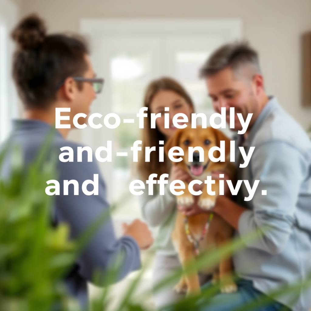 A blurred background image of a family with their pet in a clean home, with text overlay highlighting the eco-friendly and effective aspect of the service. The image should evoke a sense of safety and environmental responsibility. Technical specs: 4K resolution, high-quality image with text overlay.