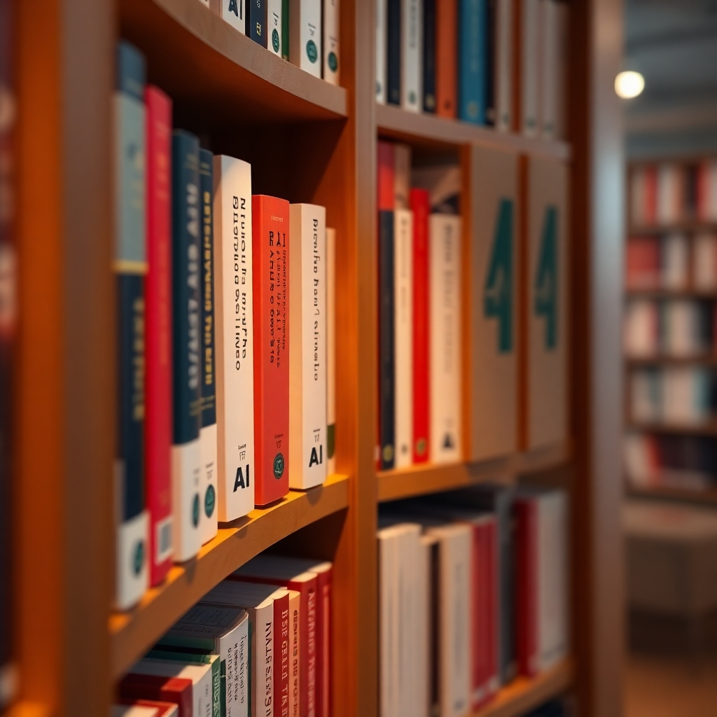 A bookshelf filled with books on AI marketing, with a spotlight on a specific guide. The scene should convey the feeling of expertise and knowledge. Use a warm, inviting color palette with soft lighting. Render in high detail, capturing the textures of the books and the bookshelf. Camera angle: close-up, focusing on the bookshelf. Style: Library interior. 4K resolution, photorealistic.