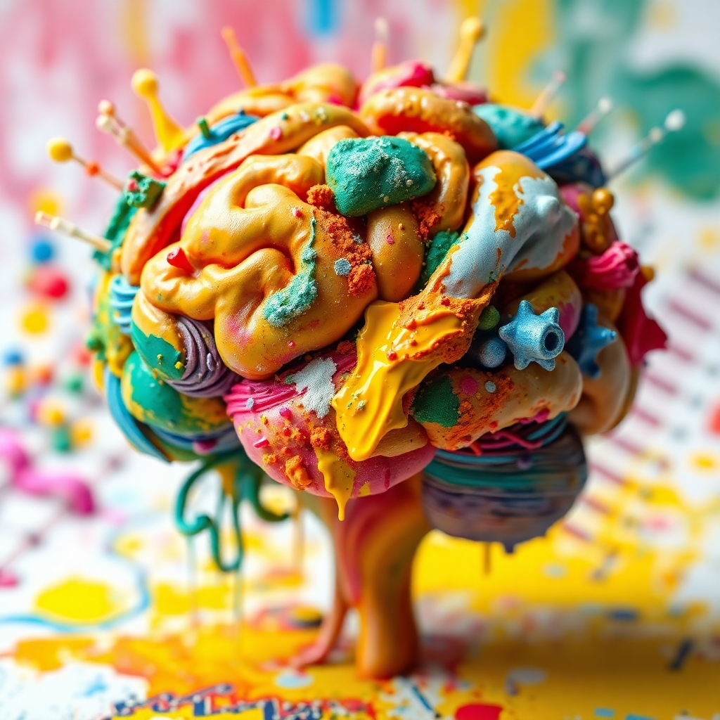 A brain composed of both artistic elements (paint strokes, sculptures) and data visualizations (graphs, charts). The scene should convey the fusion of creativity and data. Use a vibrant color palette with contrasting colors. Render in high detail, capturing the textures of the paint and the data. Camera angle: close-up, focusing on the brain. Style: Abstract art. 4K resolution, stylized.