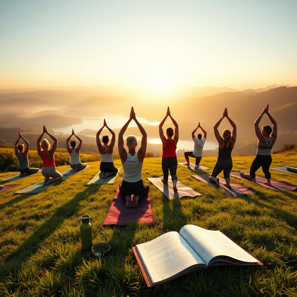 A breathtaking, photorealistic 8K image showcasing the essence of 'Wellness A Happy You'. The scene opens with a serene yoga session at sunrise on a grassy hill. Individuals of diverse ages and body types are peacefully stretching, bathed in the soft, golden light of the rising sun. The background reveals a lush, green landscape with rolling hills and a tranquil lake. Subtle details, such as dew on the grass and gentle morning mist, enhance the realism. Scattered around are aesthetically pleasing elements: a water bottle, a fitness tracker, and an open journal. The color palette leans towards light greens, soft blues, and warm yellows, creating a calming and inviting atmosphere. Camera angle: a wide shot capturing the entire scene, emphasizing the sense of community and connection with nature. This scene is reminiscent of a Lululemon campaign, focusing on the harmony of body, mind, and spirit. Hyperrealistic textures, such as the fabric of the yoga mats and the skin of the individuals, add depth and authenticity to the image.