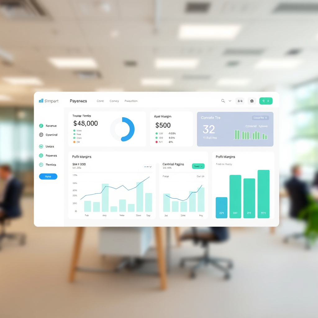 A central dashboard displaying key financial metrics, such as revenue, expenses, and profit margins. The dashboard is clean, intuitive, and easy to understand. Use a color palette of blues and greens to convey trust and stability. The background is a blurred image of a modern office, creating a sense of productivity. Technical specs: 4K resolution, high-quality, minimalist design.