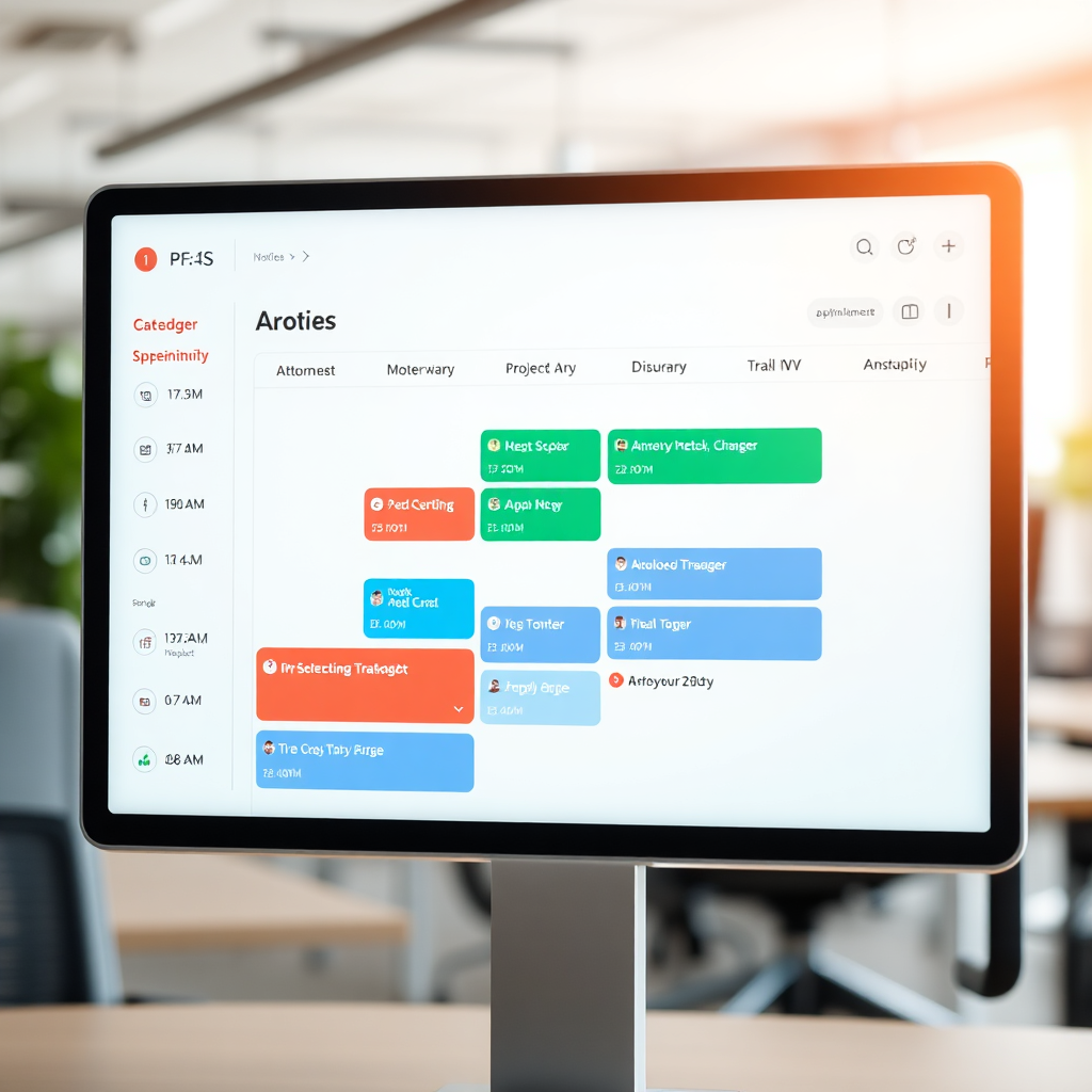 A clean, modern digital calendar interface displaying several appointments color-coded by project type. The interface is intuitive and easy to navigate. Soft, diffused light illuminates the screen, creating a sense of calm and efficiency. The background is a blurred image of a productive office. Technical specs: 4K resolution, high-quality, photorealistic rendering.
