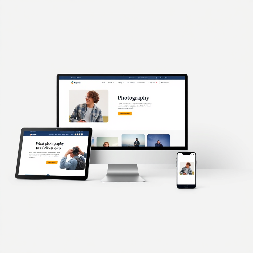 A clean, photorealistic image showing a photography landing page displayed simultaneously on a desktop computer, a tablet, and a smartphone. The screens are arranged in a visually appealing composition. The background is minimalist and uncluttered. The color palette is modern and bright. 4k resolution.