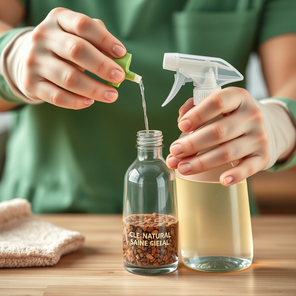 A close-up image of a cleaning professional refilling a reusable spray bottle with eco-friendly cleaning solution. The focus is on the reusable bottle and the natural ingredients of the cleaning solution. The color palette is green and natural. Technical specs: 4K resolution, high-quality macro shot with shallow depth of field.